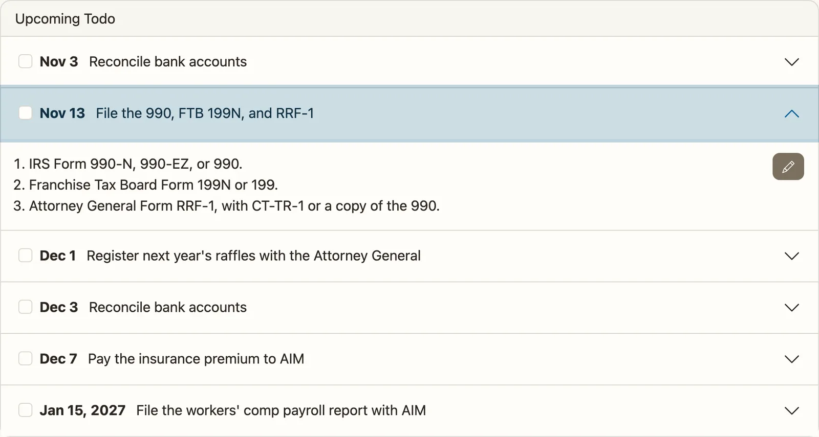 A Volo Cash Upcoming Todo list with the November filings, raffle registration, the AIM insurance premium, and the workers' comp payroll report queued.