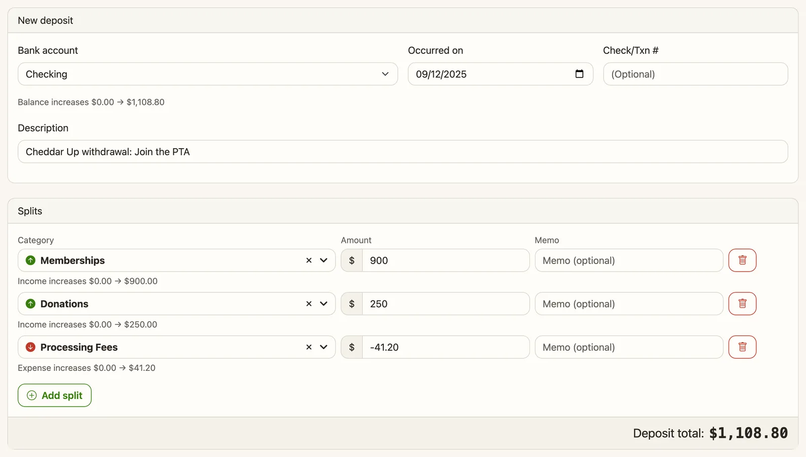 A Volo Cash deposit for a Cheddar Up withdrawal from the Join the PTA collection: Memberships $900, Donations $250, and Processing Fees of negative $41.20, for a deposit total of $1,108.80.