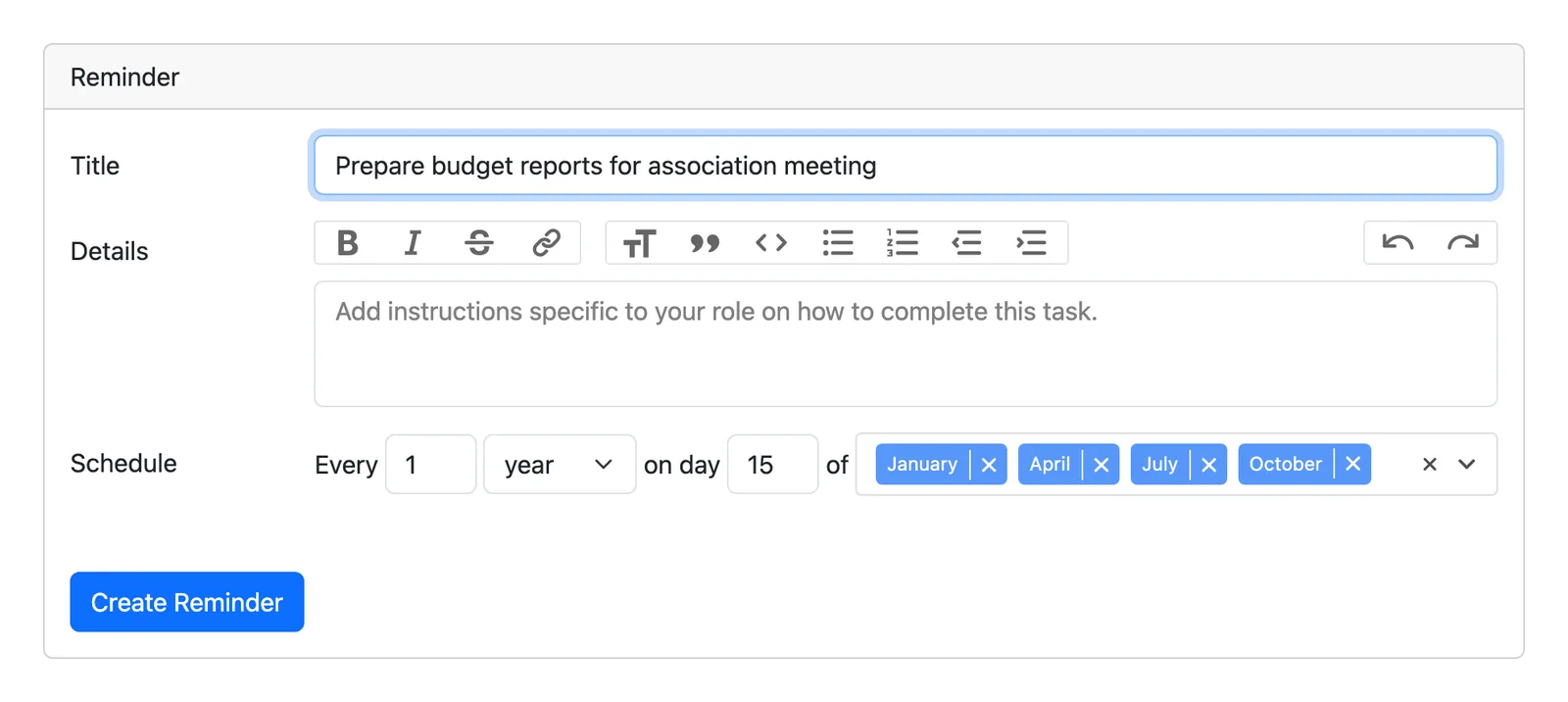 Creating a recurring reminder in Volo Cash, with a schedule set to repeat quarterly.