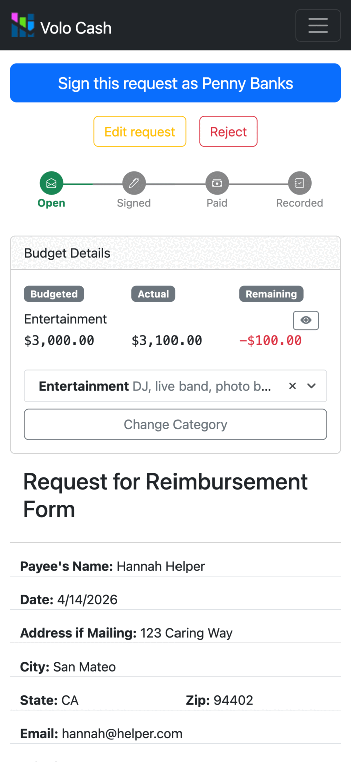 Volo Cash reimbursement open for signature on mobile, showing the budget impact of the request.