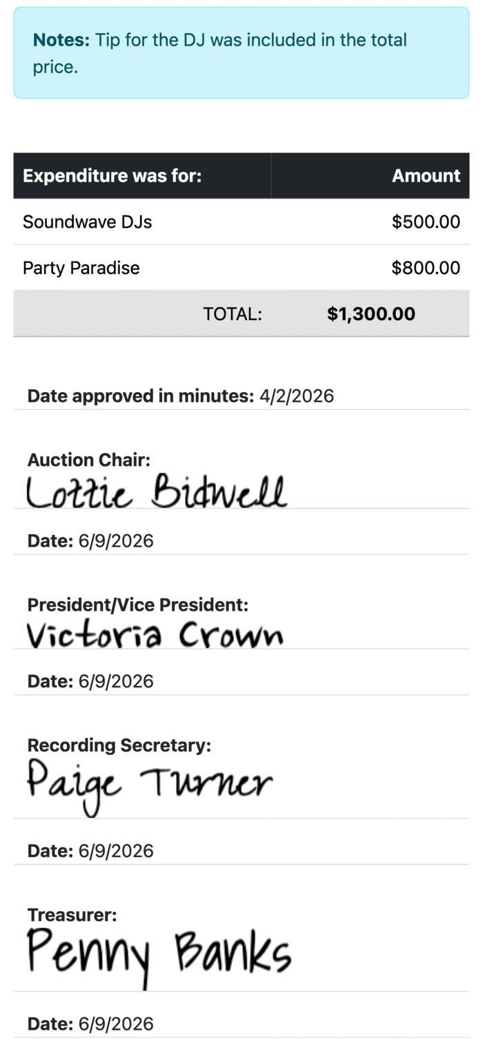 A Volo Cash reimbursement form signed digitally by the auction chair, president or vice president, recording secretary, and treasurer.