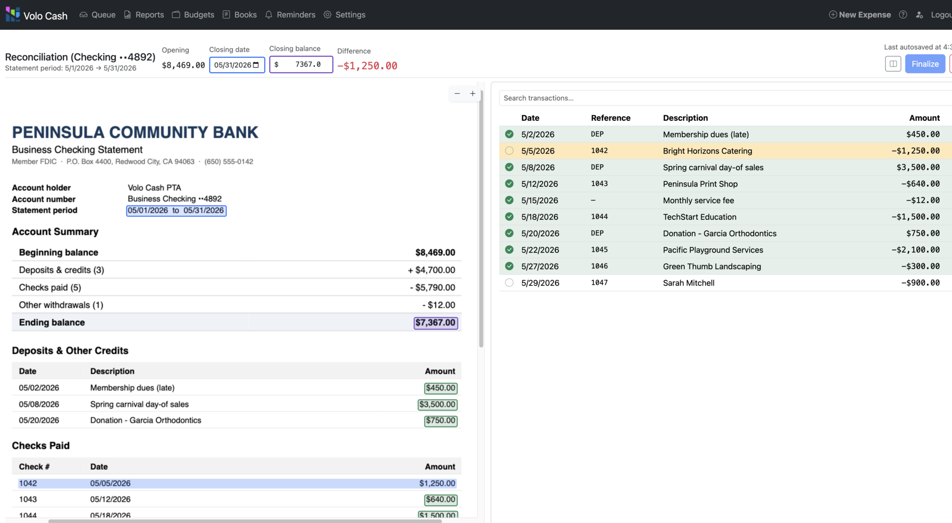 Volo Cash bank reconciliation screen matching a bank statement against book transactions side by side.