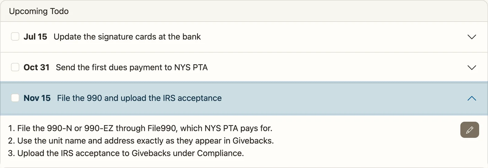 A Volo Cash Upcoming Todo list on July 1: new signature cards at the bank, the first dues payment on October 31, and the 990 on November 15 expanded to show its steps.