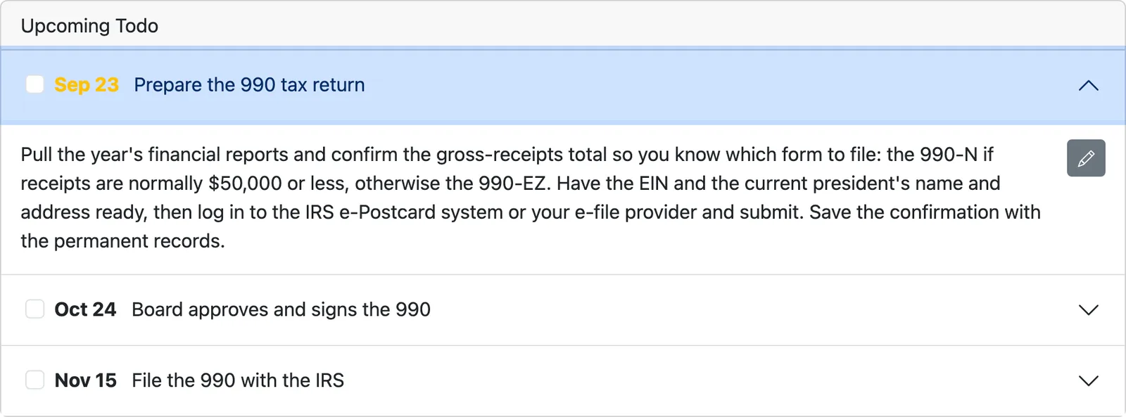 A Volo Cash upcoming-todo list showing the 990 steps, with "Prepare the 990 tax return" due soon and expanded to show the instructions the reminder carries.