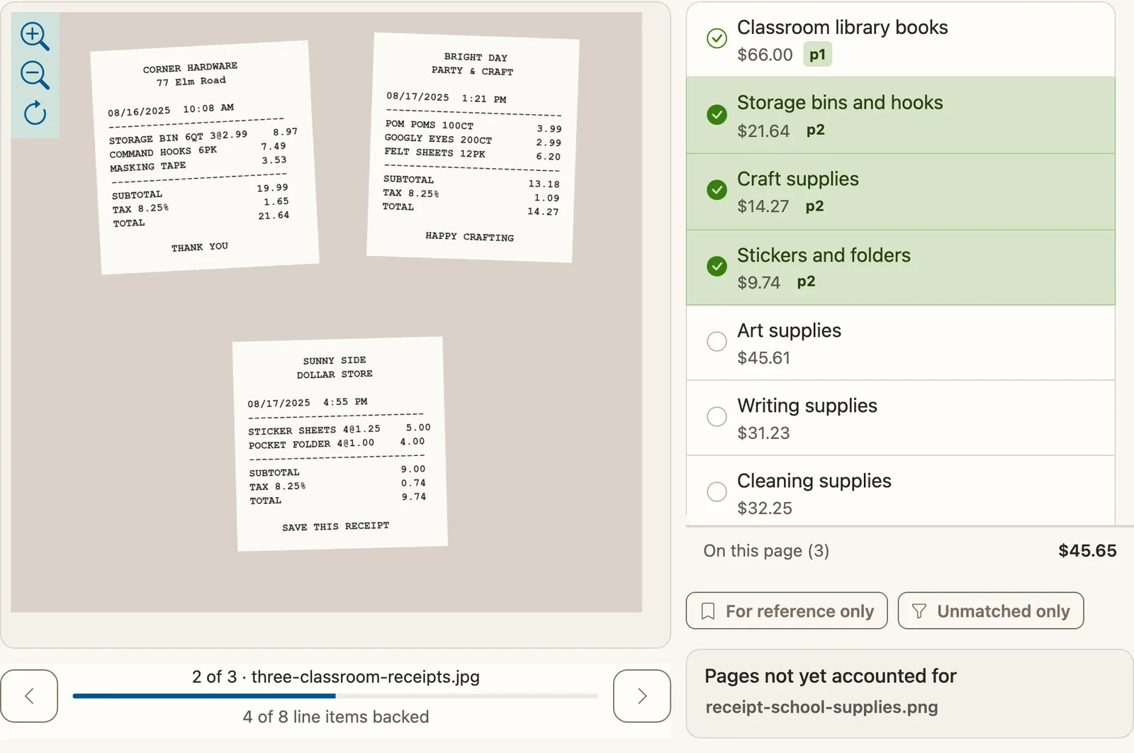 The Volo Cash receipt match view on page 2 of 3, a photo of three receipts from a hardware store, a craft store, and a dollar store, each matched to one line item at its total, with the long supply receipt still to check.