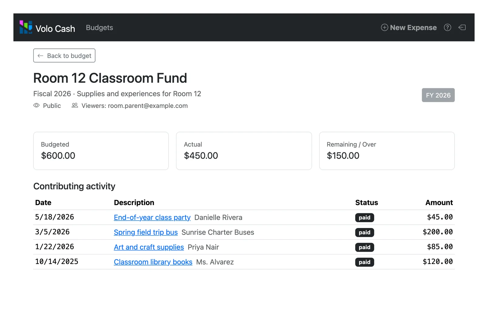 A room parent's view of their classroom fund in Volo Cash, showing the balance and every purchase.