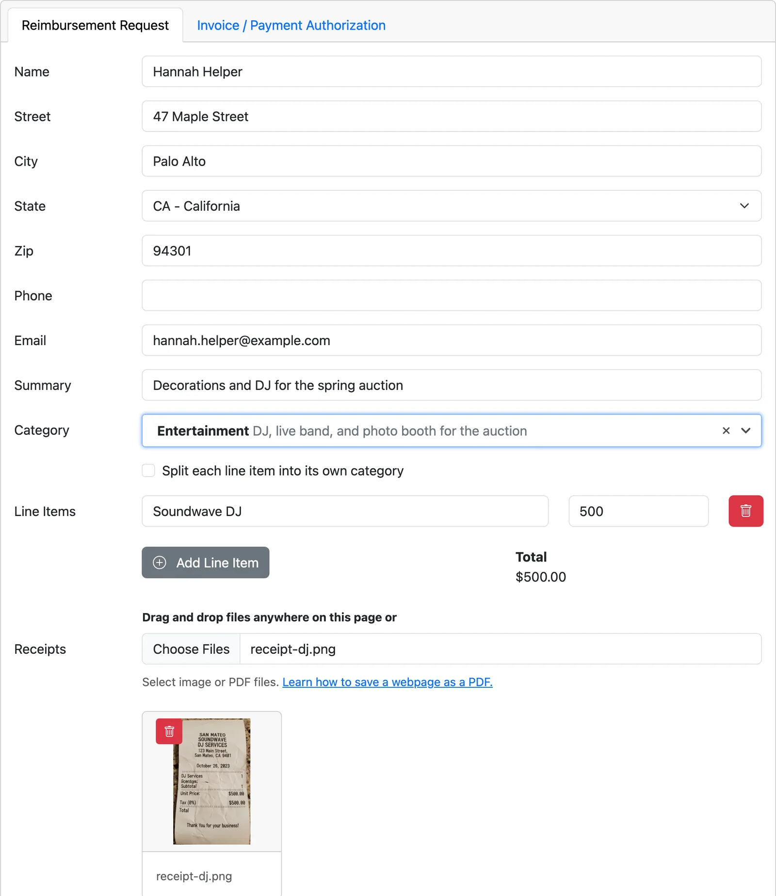 The Volo Cash login-free reimbursement request form, with the requester's details, a category, line items, and a receipt attached.