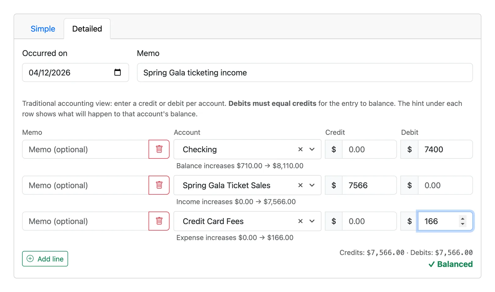 A journal entry in Volo Cash moving money across three accounts, showing each account's projected balance.
