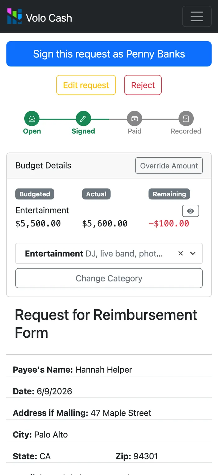 Volo Cash reimbursement open for signature on mobile, showing the budget impact of the request.