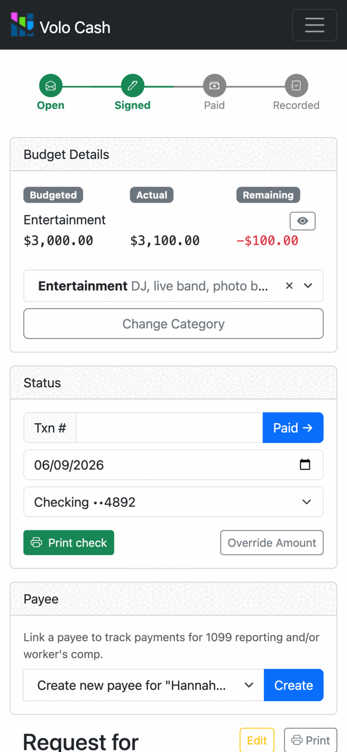 A signed Volo Cash reimbursement ready to pay, with options to record a transaction or print a check.