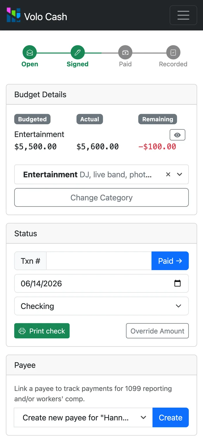 A signed Volo Cash reimbursement ready to pay, with options to record a transaction or print a check.