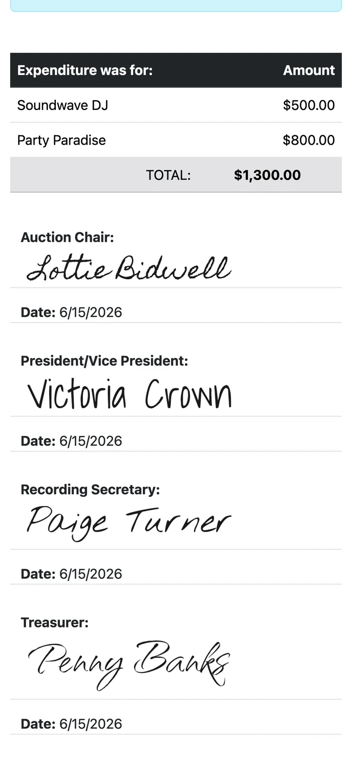 A Volo Cash reimbursement form signed digitally by the auction chair, president or vice president, recording secretary, and treasurer.