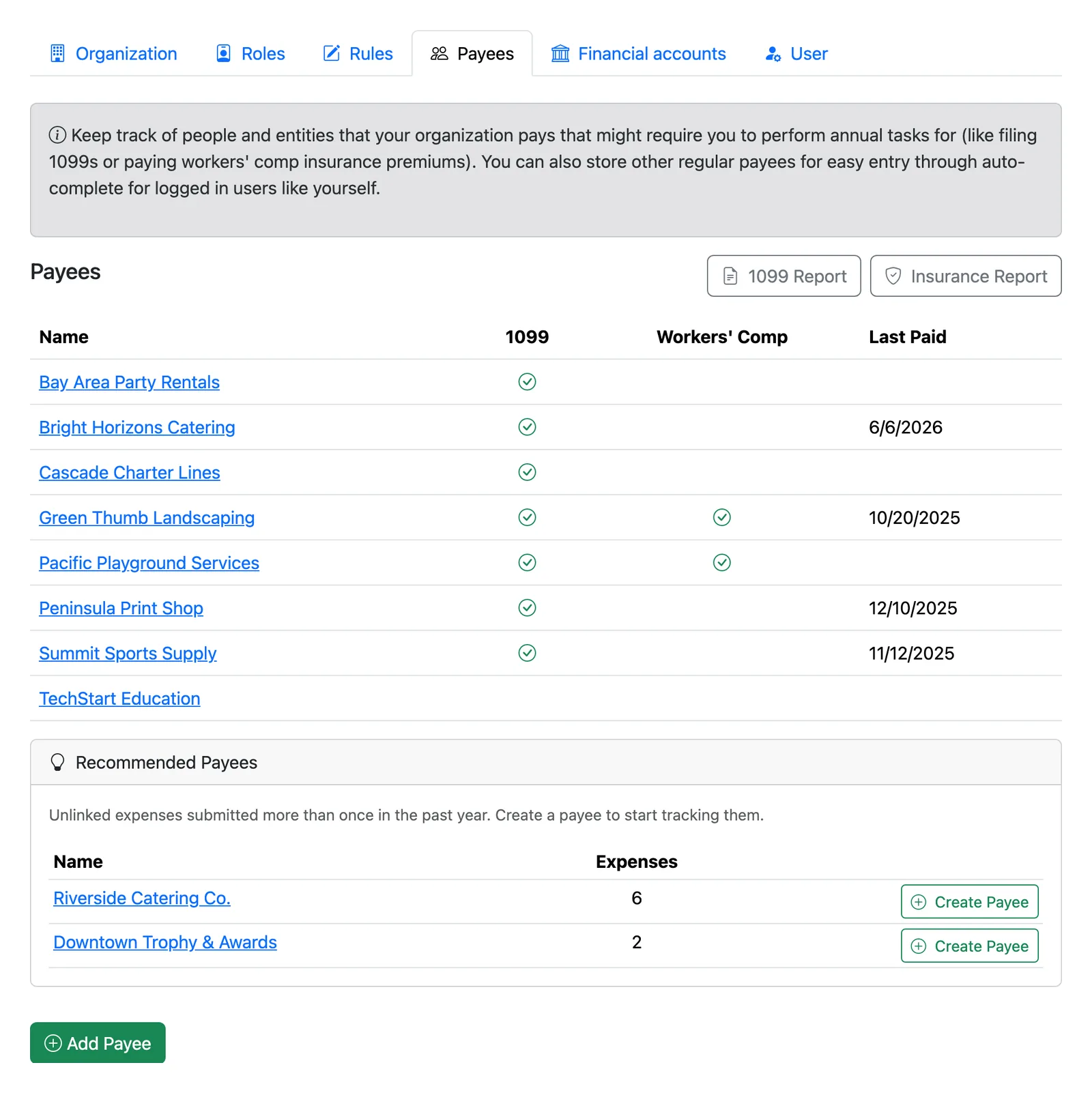 The Volo Cash payee list, showing which vendors need a 1099 or a workers' comp certificate on file.