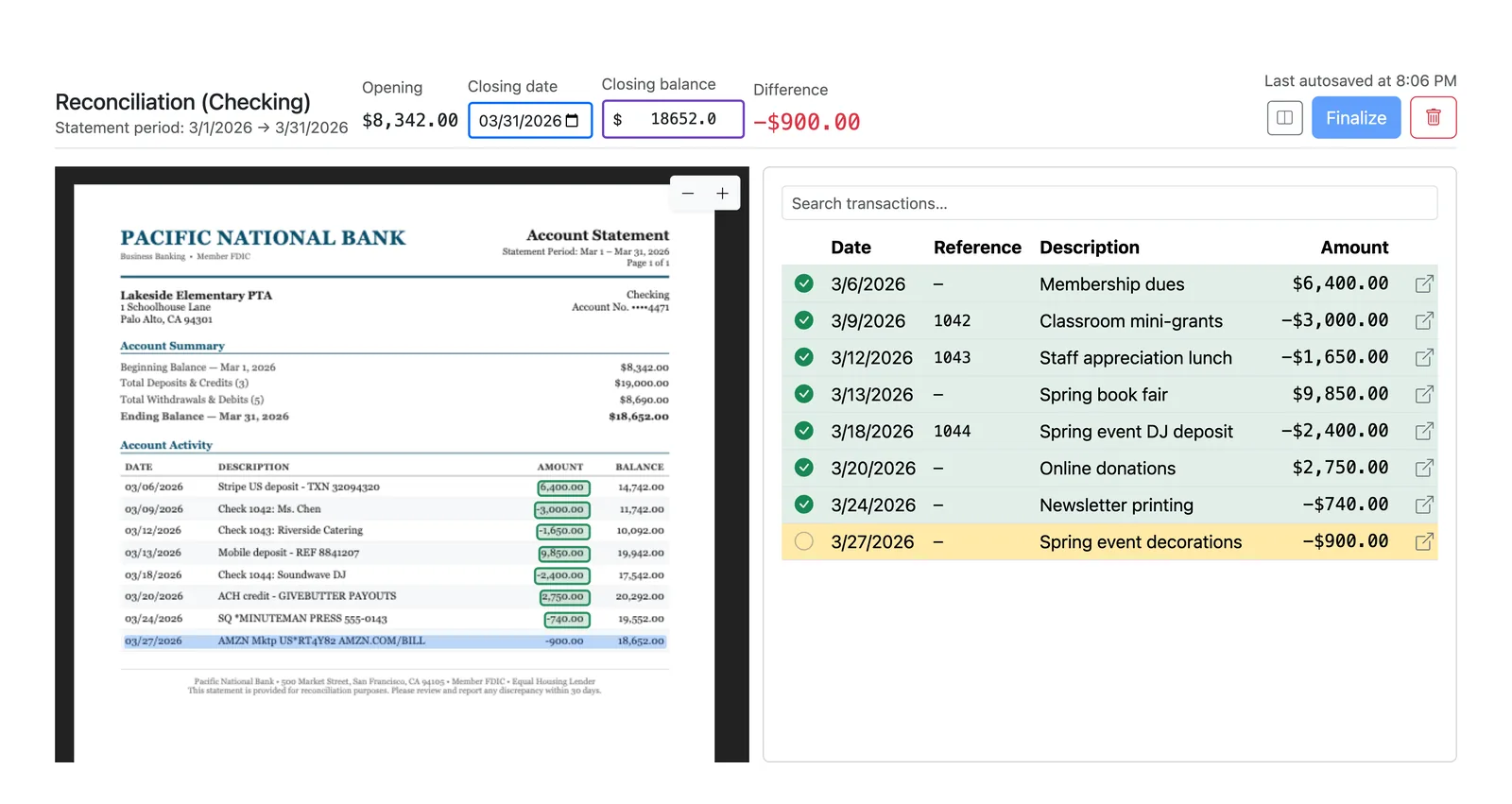 Volo Cash reconciliation, matching the bank statement against the books side by side.