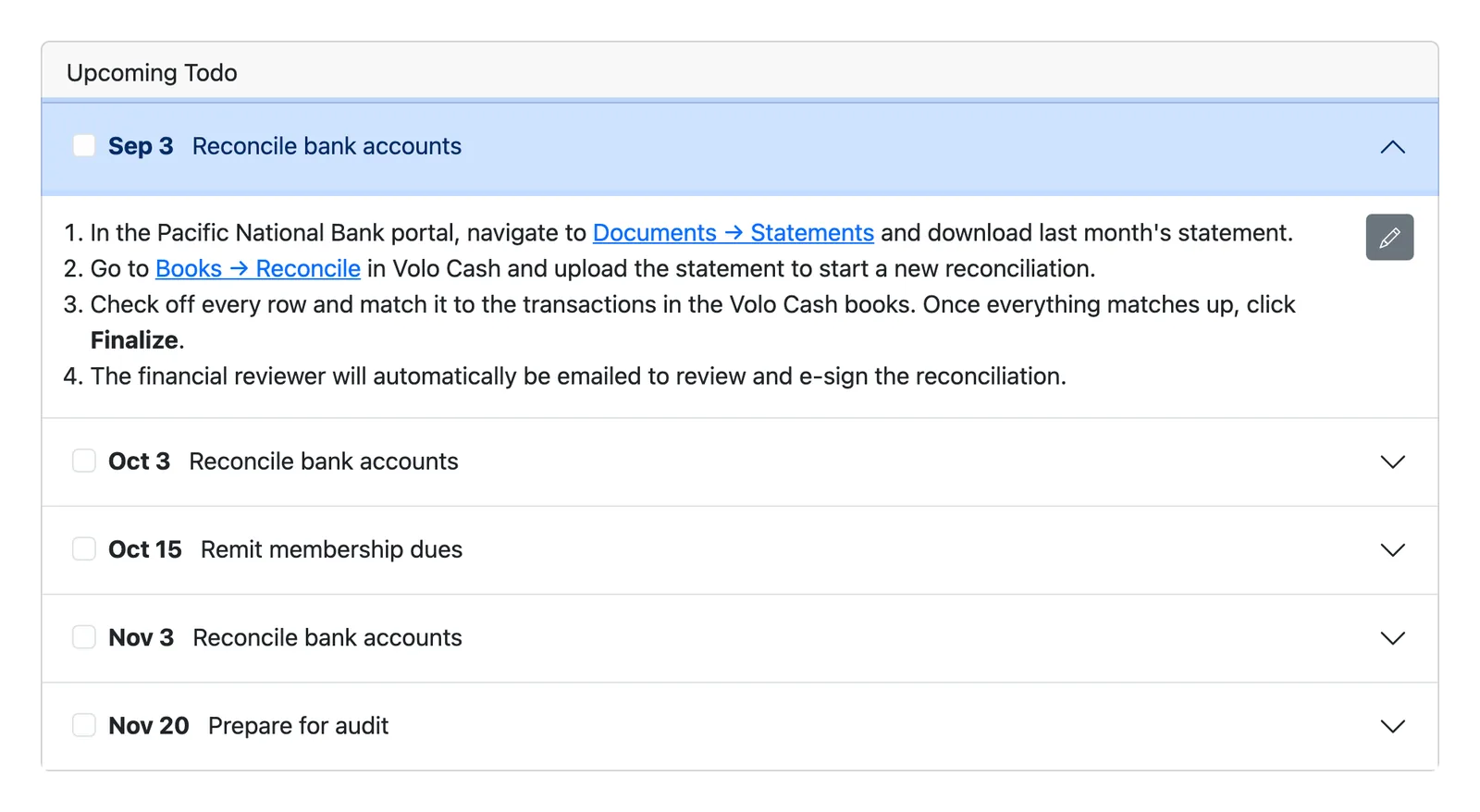 A Volo Cash reminder todo list for a treasurer's recurring monthly tasks.