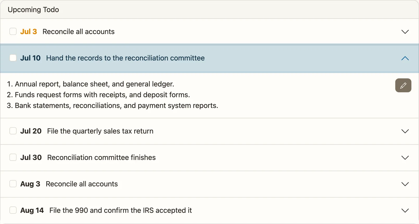 A Volo Cash Upcoming Todo list on July 1 with the records hand-off to the reconciliation committee expanded, followed by the sales tax return, the committee's finish date, and the 990.