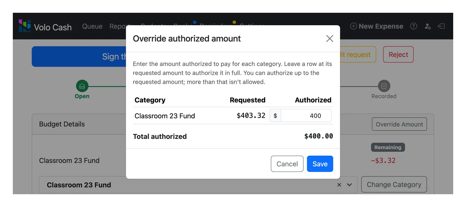 Authorizing less than the requested amount in Volo Cash, entered category by category.