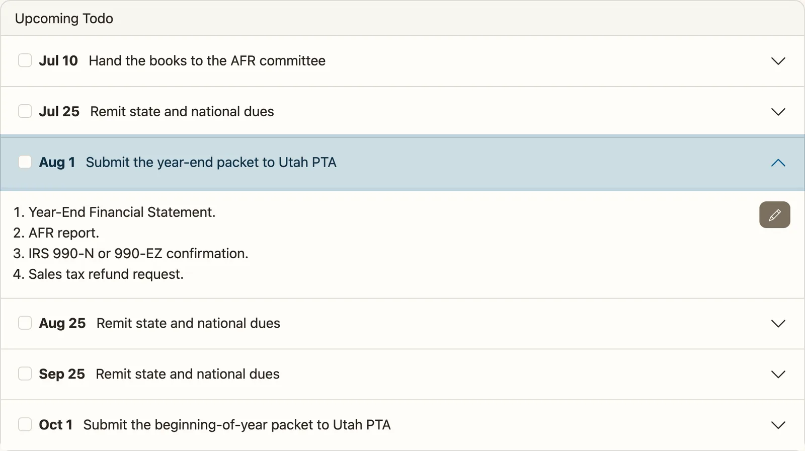 A Volo Cash Upcoming Todo list on July 1: books to the AFR committee on July 10, the August 1 packet to Utah PTA expanded to show its four documents, monthly dues on the 25th, and the October 1 packet.